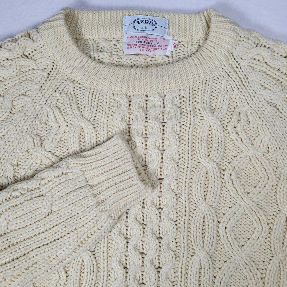 Vtg Izod Crew‎ Neck Cable Knit Chunky Sweater Size 20, Cream Color  Crocodile